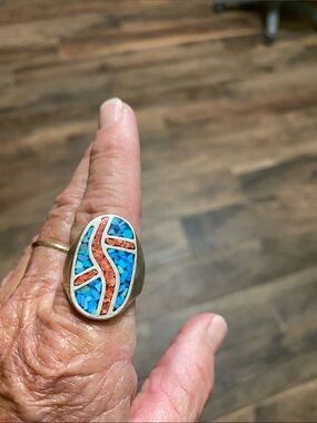 Turquoise & Coral Inlay Oval Silver Ring